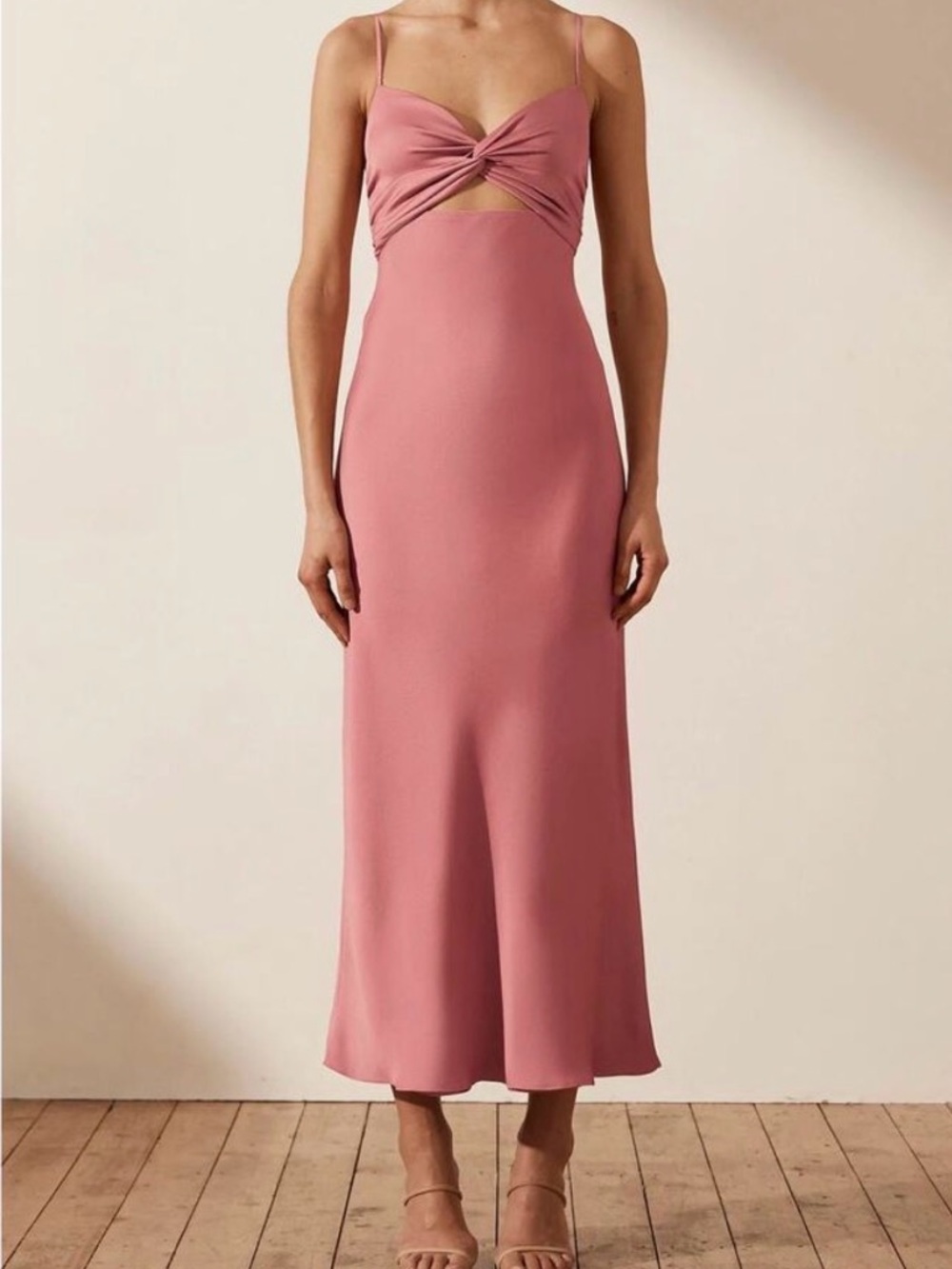 Shona Joy Dusty Rose Twist-Front Spaghetti Strap Midi Dress